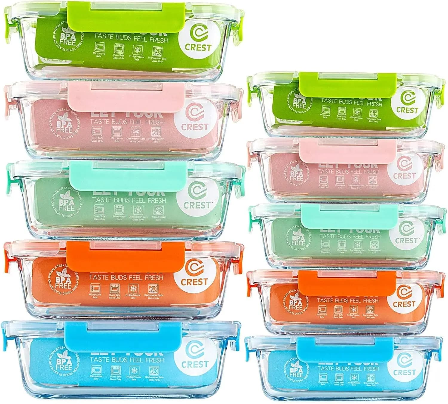 Set di 10 Contenitori in Vetro per Alimenti (Set di Cinque Colori), Contenitori per Preparazione Pasti con Coperchi per Cucina e Uso Domestico - A