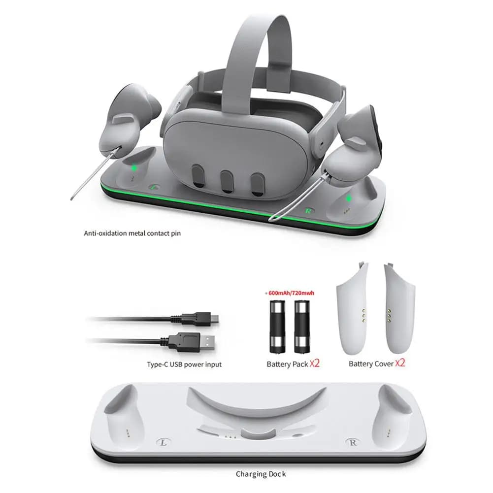 Dock di ricarica per cuffie VR per supporto per caricabatterie a contatto doppio controller Mate Quest 3 con luce a LED per stazione di ricarica Oculus Quest 3