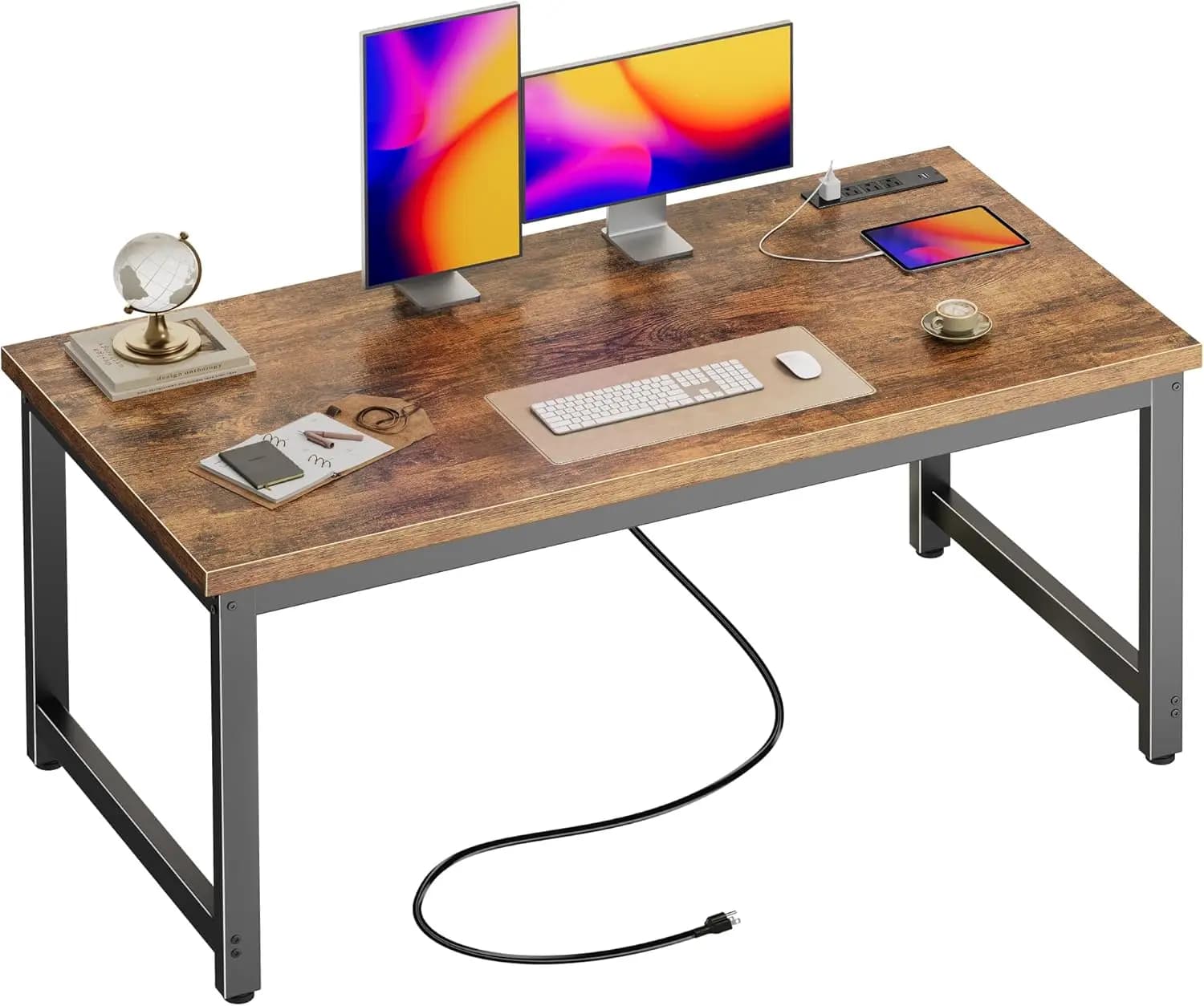 Scrivania 55x24 Pollici con Prese di Corrente e USB-C, Telaio in Metallo Resistente, Scrivania da Ufficio e Gaming Marrone Rustico per Casa