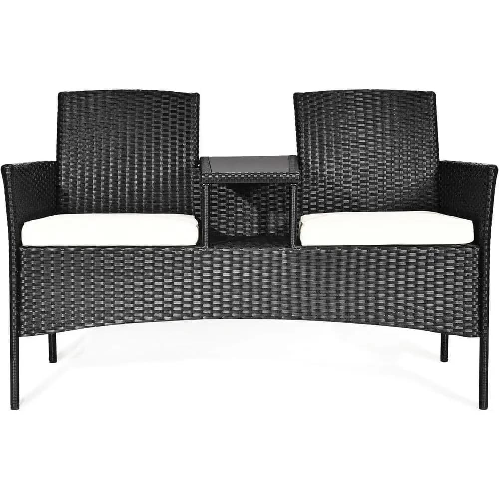 Set di mobili da esterno con tavolo e due sedie in vimini di rattan con cuscini rimovibili, ideale per patio, giardino, spiaggia e prato.