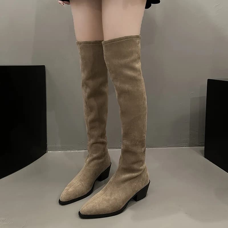 Stretch Soft Leather Women Over the Knee High Boots Fashion Pointed Toe Shoes Autumn Winter Thick Heel Ladies Long Booties