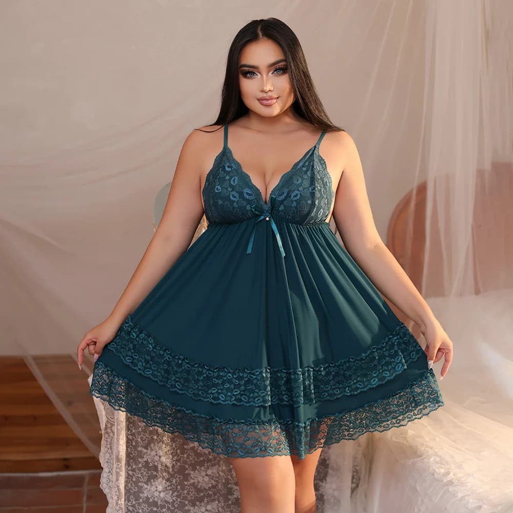 Babydoll in pizzo verde acqua taglie forti - Camicia da notte sexy con scollo a V e spalline sottili, lingerie in rete trasparente per donne curvy