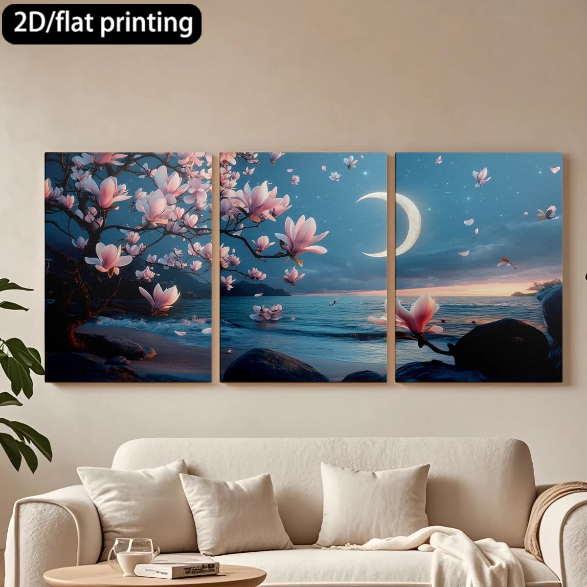 Decorative painting on canvas with wooden frame, 3 pieces. Flowers of magnolia, sea, crescent moon. Tende per camera da letto ikea.