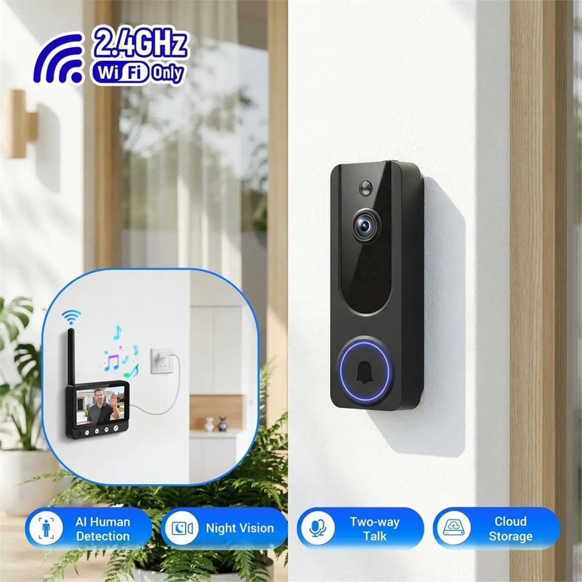 Y65A Wireless Doorbell Camera Video Intercom System with 4.5" Screen, 655ft Range, 2-Way Talk, Night Vision, Cloud.