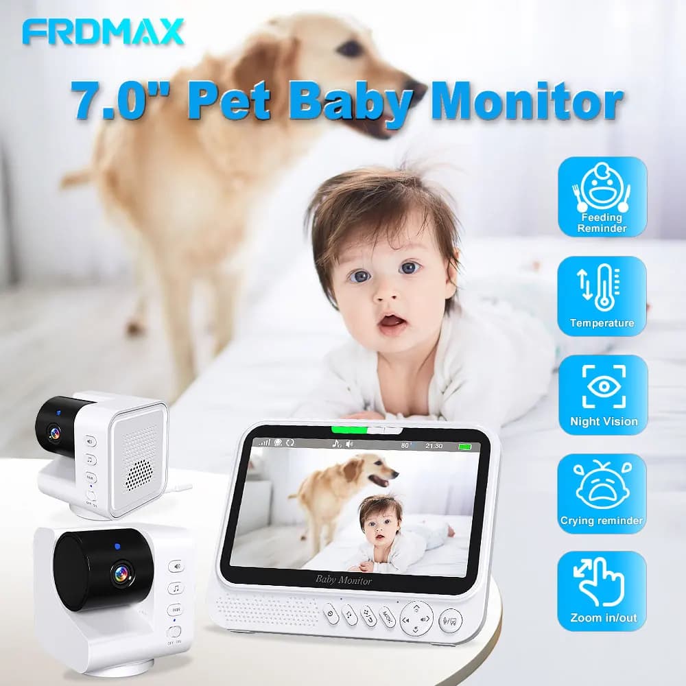 Baby monitor video da 7 "con 2 telecamere Audio bidirezionale per interni Protezione di sicurezza Sorveglianza per bambini Telecamera per animali domestici Zoom/Pan/Tilt Videocamera