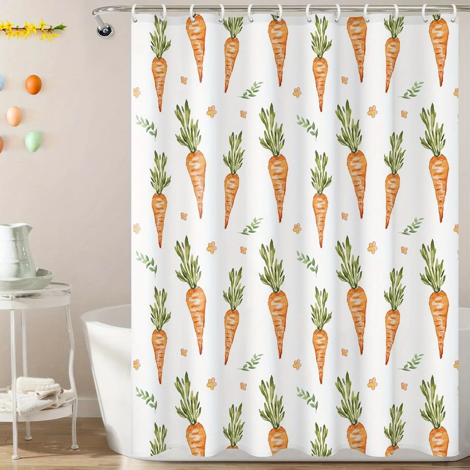 Set tenda da doccia pasquale - Carota acquerello con foglie verdi e fiori arancioni, decorazione da bagno impermeabile, giocosa e durevole