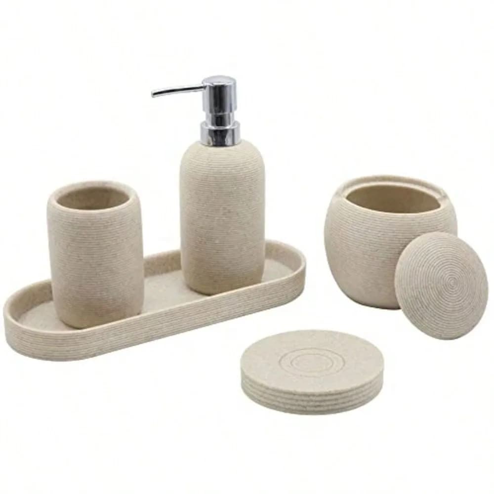 Set di Accessori per Bagno 4 Pezzi in Resina Resistente, Dispenser Sapone Liquido, Porta Spazzolini, Porta Asciugamani
