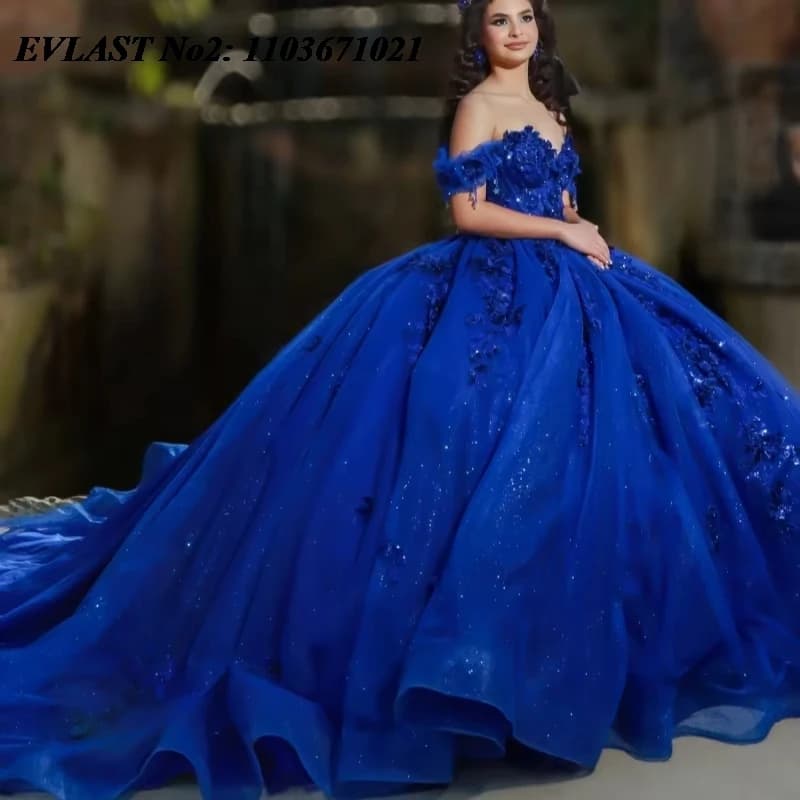 EVLAST Personalizzato Principessa Royal Blue Abito Quinceanera Abito di Sfera Paillettes Applique Che Borda Dolce 16 Abiti Da 15 Anos E2Q23