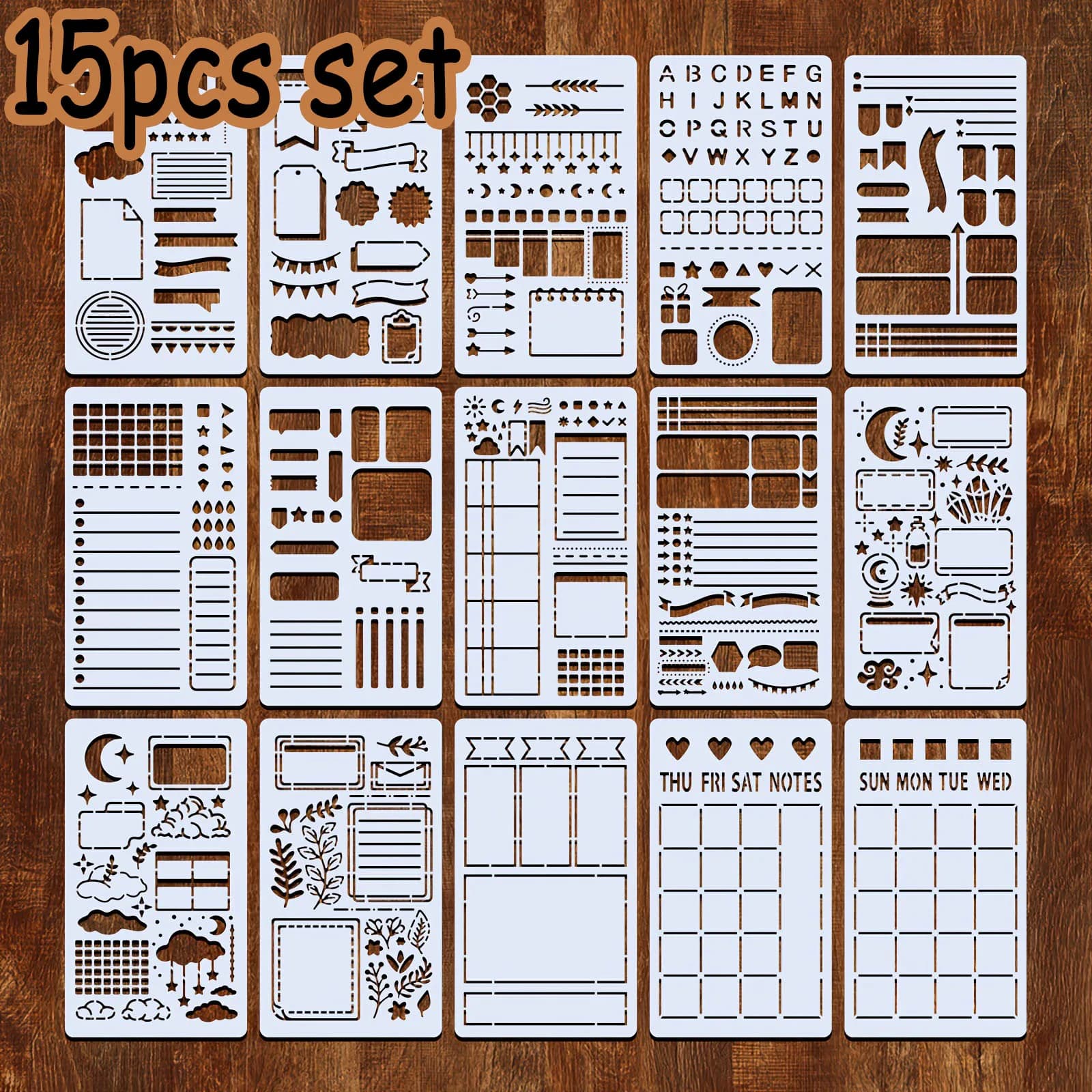 15Pcs Drawing Templates Reusable Bullet Stencils Diary for Painting DIY Scrapbooking Diary Scrapbook Journal Stationery Gifts