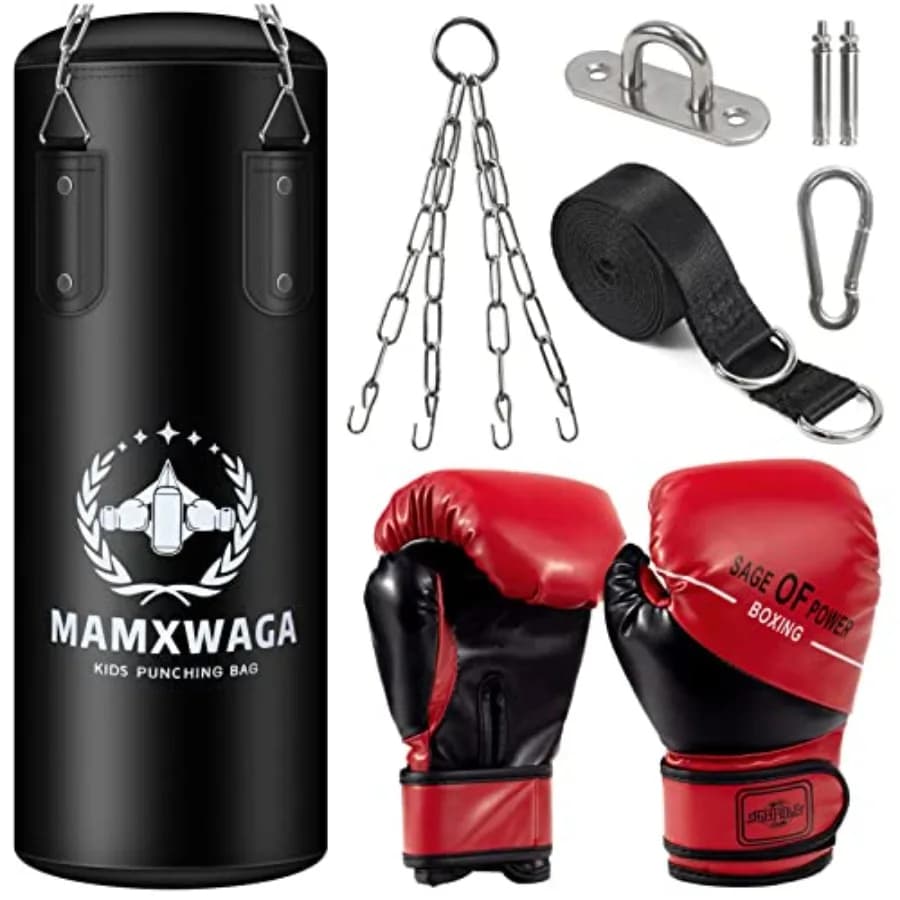 Set Sacco da Boxe Non Riempito, Sacco da Boxe da Appendere, Sacco da Kickboxing con Guanti da Boxe, Set da Boxe per 3-12 Anni, per Giovani Karate Muay Thai