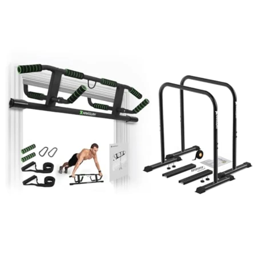 Multi-Grip Pull Up Bar and Premium Dip Bars for home gym use, steel construction, black finish, ultra-stable adjustable design