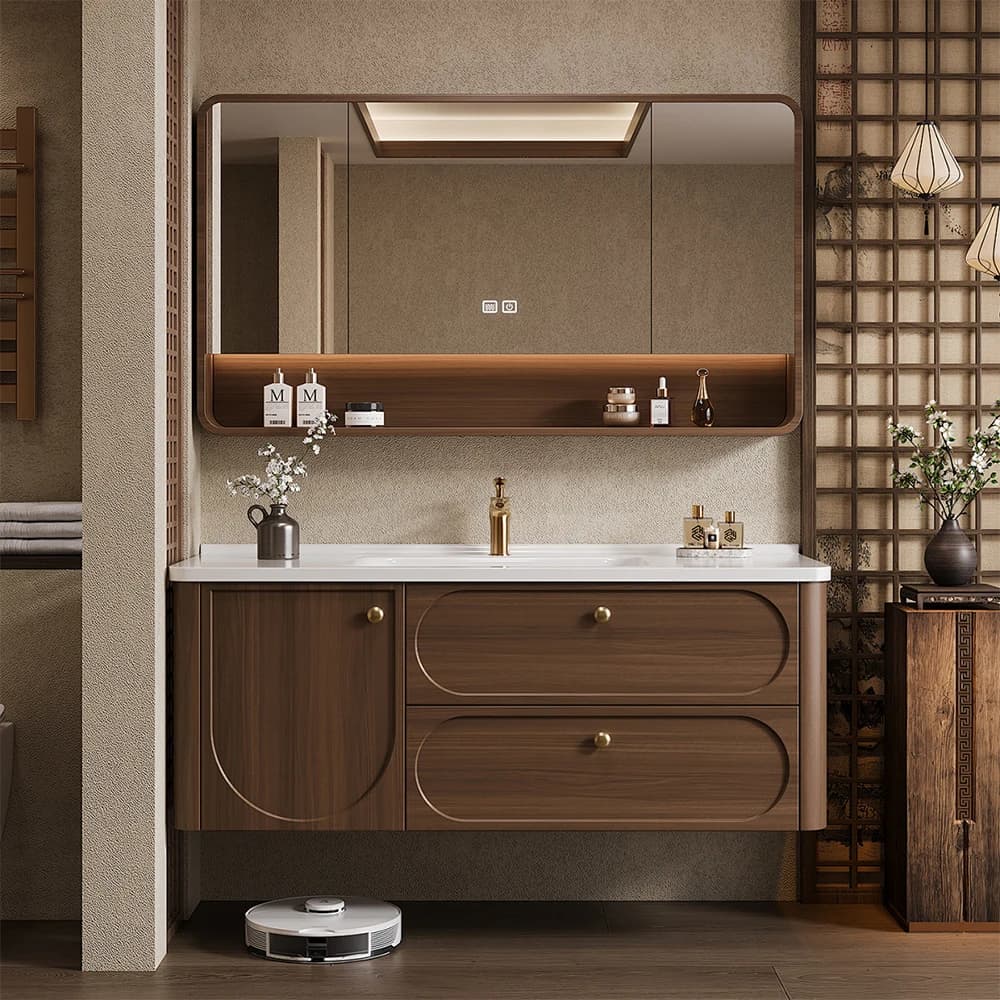 #Modern Chinese Style Walnut Veneer Floating Bathroom Vanity with Framed Mirror Cabinet & Open Shelf
