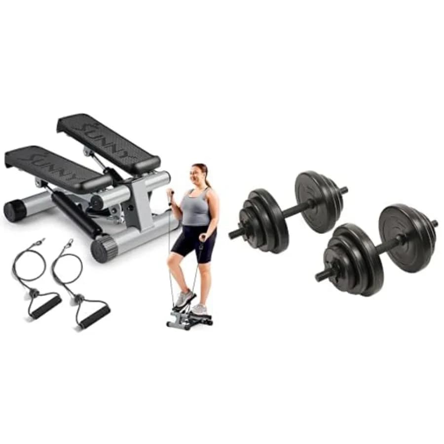 Mini Stepper for Domestic Training with Resistance Bands and 18KG Vinyl Manubri Set for Strength Training in Black