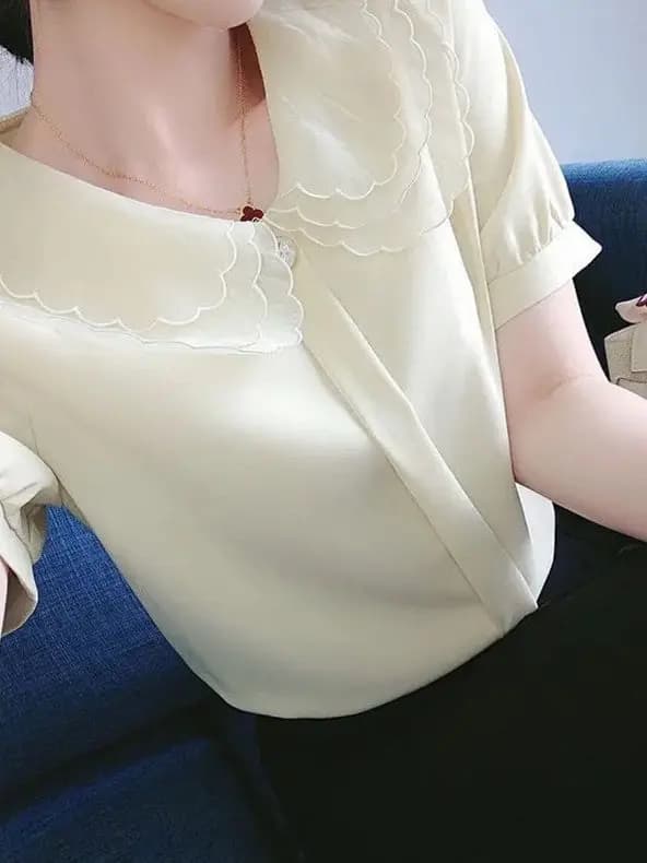 Chic Doll Collar Shirts Women's Short Sleeve Summer New Style Sweet Tunic Top Meat Concealing Slimming Trendy Fashion Blouse