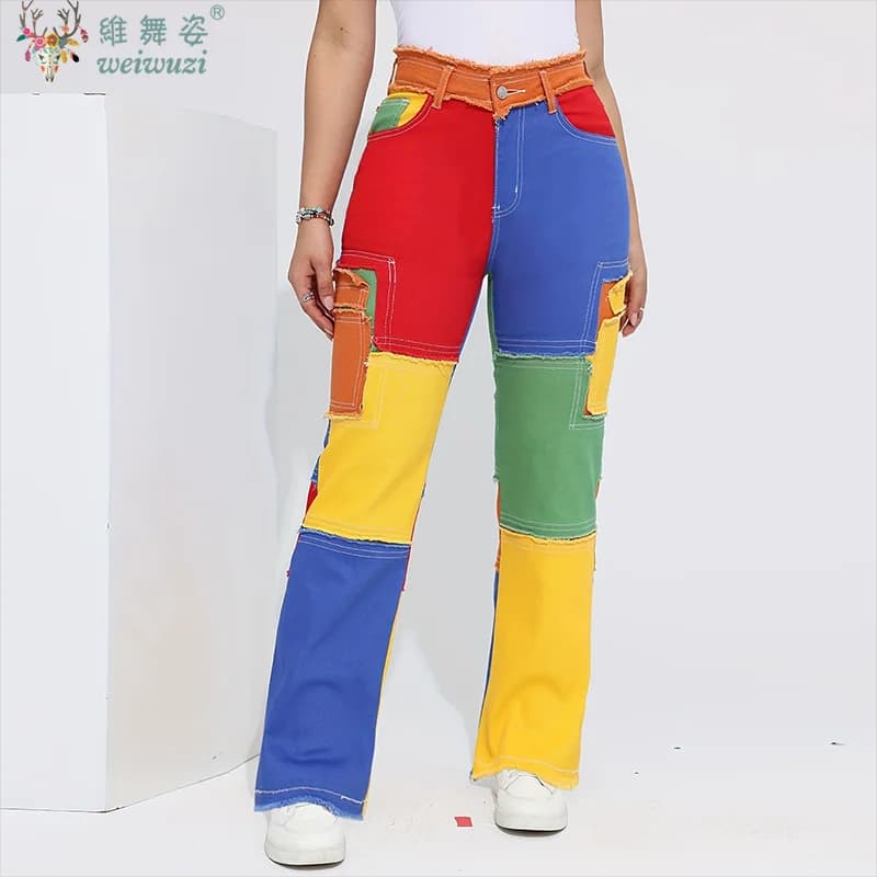 Y2K Women Colorful Jeans Distressed Hight Waist Denim Pants Loose Color-blocked Streetwear Energetic Cool HipHop Straight Jeans