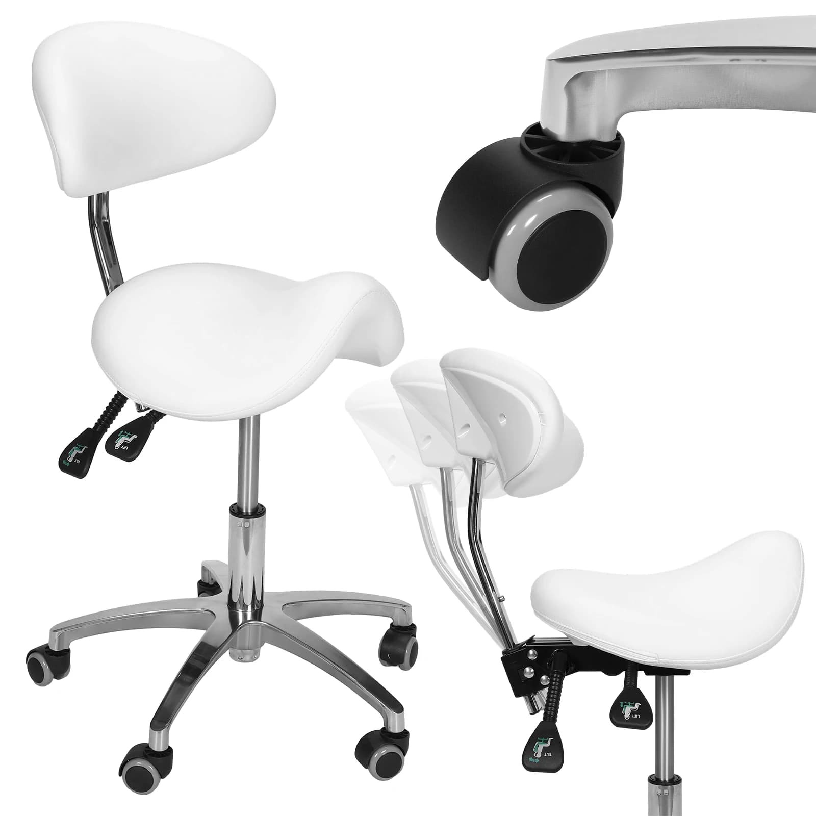 Sgabello a sella con ruote e schienale, altezza 50-55 cm, per casa, ufficio, salone, spa, cucina, studio di tatuaggi