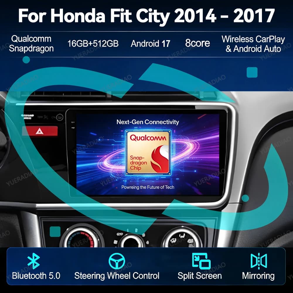 Android 17 Car Radio For Honda Fit City 2014 - 2017 QLED 4G WIFI BT Qualcomm Head Unit Multimedia Stereo Video Player NAVI GPS