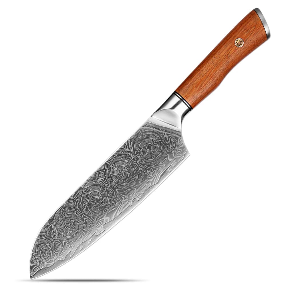 Professional Santoku knife from 7 Inches, Japanese kitchen knife in Damascus steel for Meat and Vegetables with Ergonomic handle in Rosewood