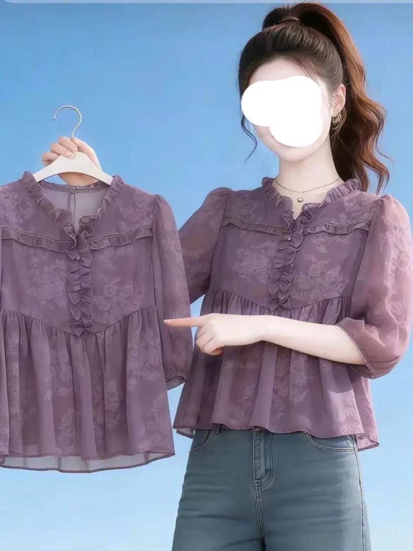 Elegant round Neck Printed Chiffon Top Women's Loose Fit Spring Summer New Design Wood Grain Lace Detailing Soft Style