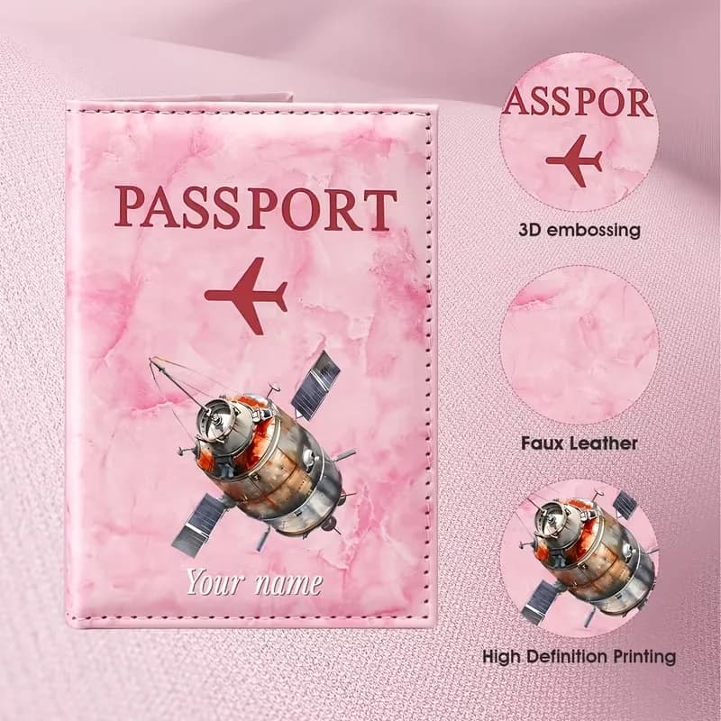 Personalized Custom Name Space-Themed PU Passport Holder, Featuring a Design with Satellites And The Text 'Your Name'