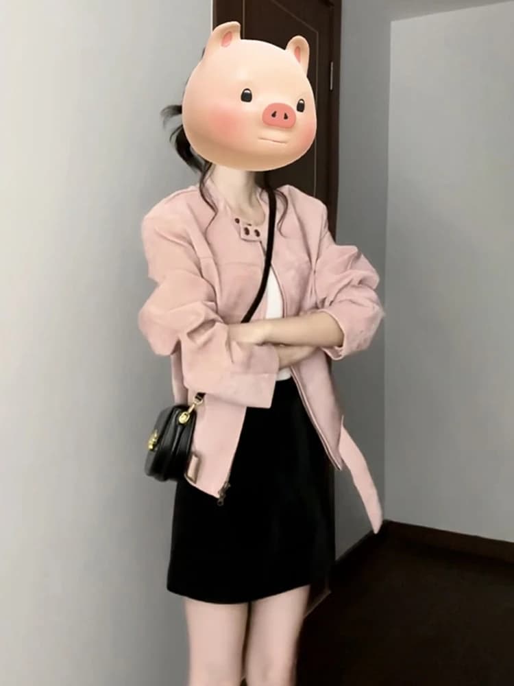 Sweet Cool Style Pink Leather Jacket Women's 2026 New Early Autumn Korean High-End Short Motorcycle Jacket Top
