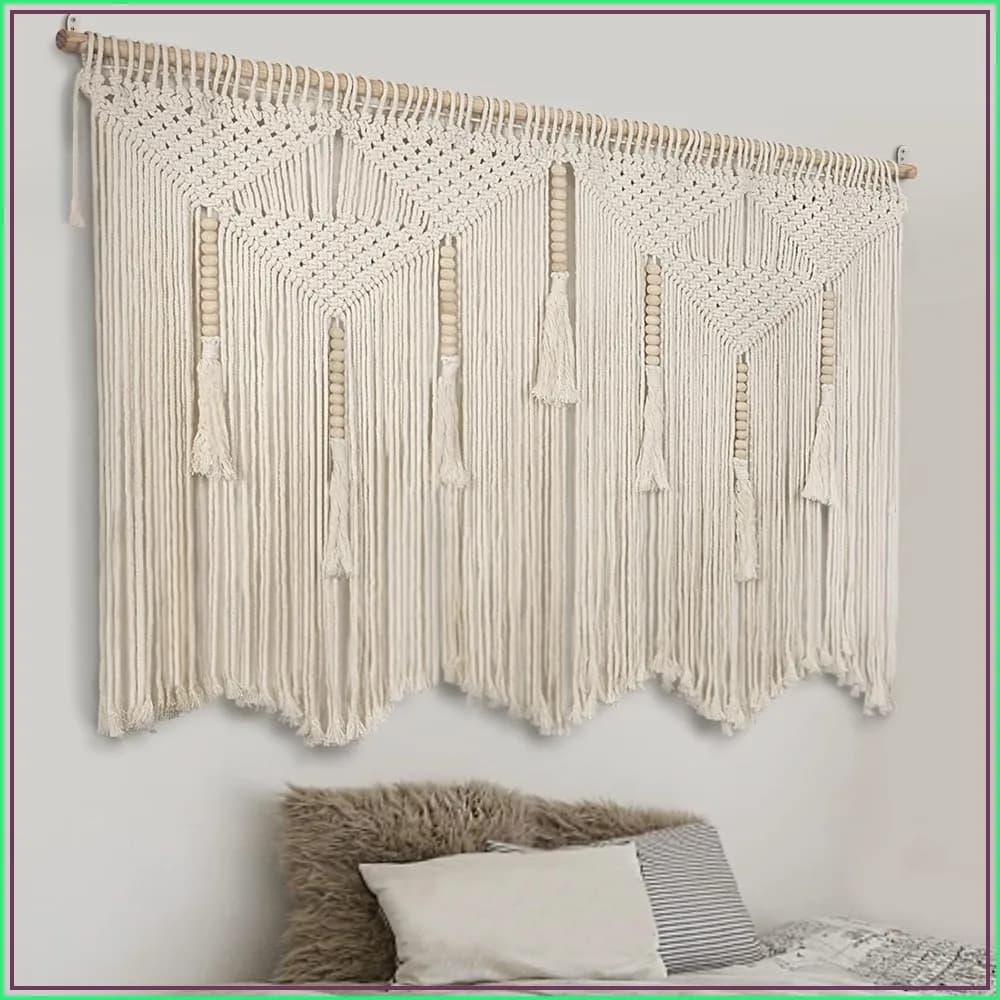 Large Macrame Wall Hanging 43.3" x 39.4" Boho Tapestry Woven Wall Decor Cotton Tassel Curtain Beige Chic Bohemian Art for Living Room Bedroom Dorm Wedding