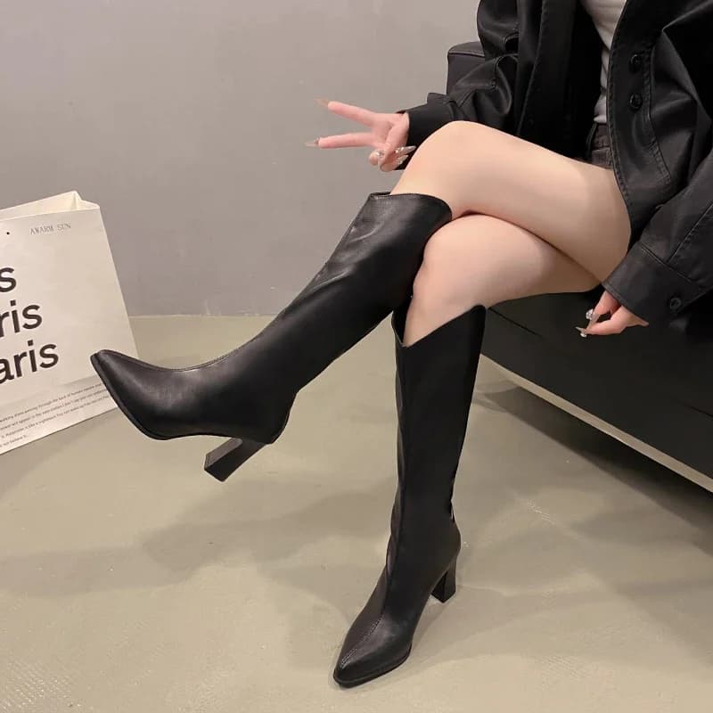 Nuovi stivali da donna Cerniera Tacchi alti spessi Tacchi alti spessi semplici Stivali autunno inverno Stivali alti al ginocchio Botas