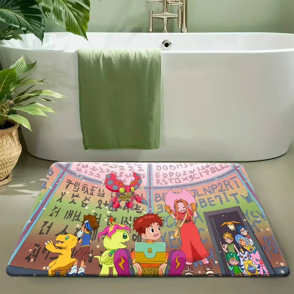 Tappetino da bagno Digimon Adventure DigiDestined & Partner Digimon Digital World Scene, tappetino da bagno in morbida flanella antiscivolo e assorbente