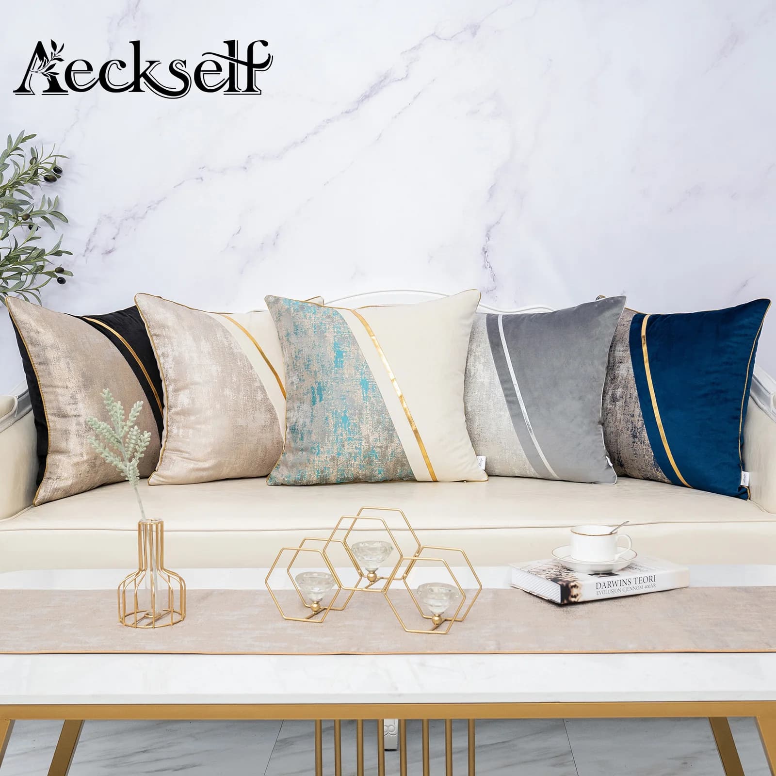 Aeckself Modern Patchwork Leather Home Decoration pillow lining for living room sofa bedroom grey black