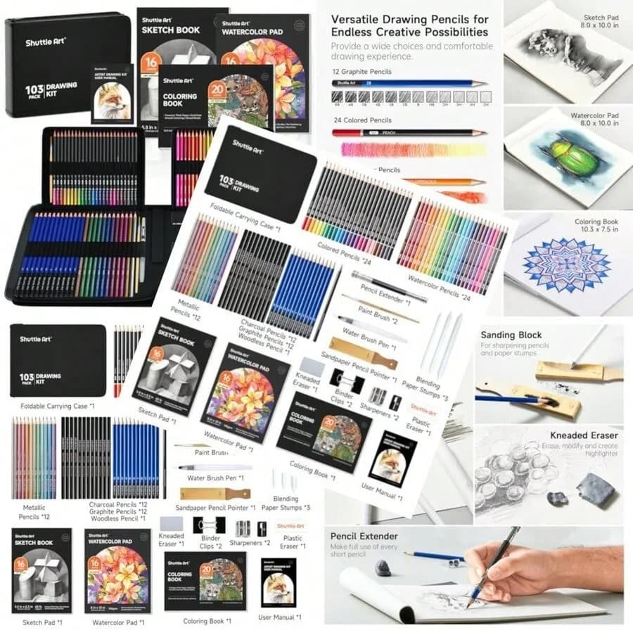 PCS Drawing Kit, Professional Drawing Supplies With Sketch, Charcoal, Colored, Graphite, Pastel Pencils And Sticks, Complete Dr