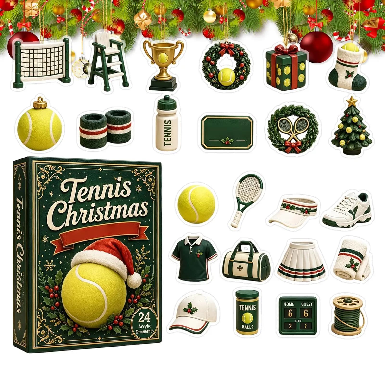 24pcs christmas tree acrylic tennis ball ornaments pendant Tennis Decoration Countdown Calendar kids Christmas Gift 2026