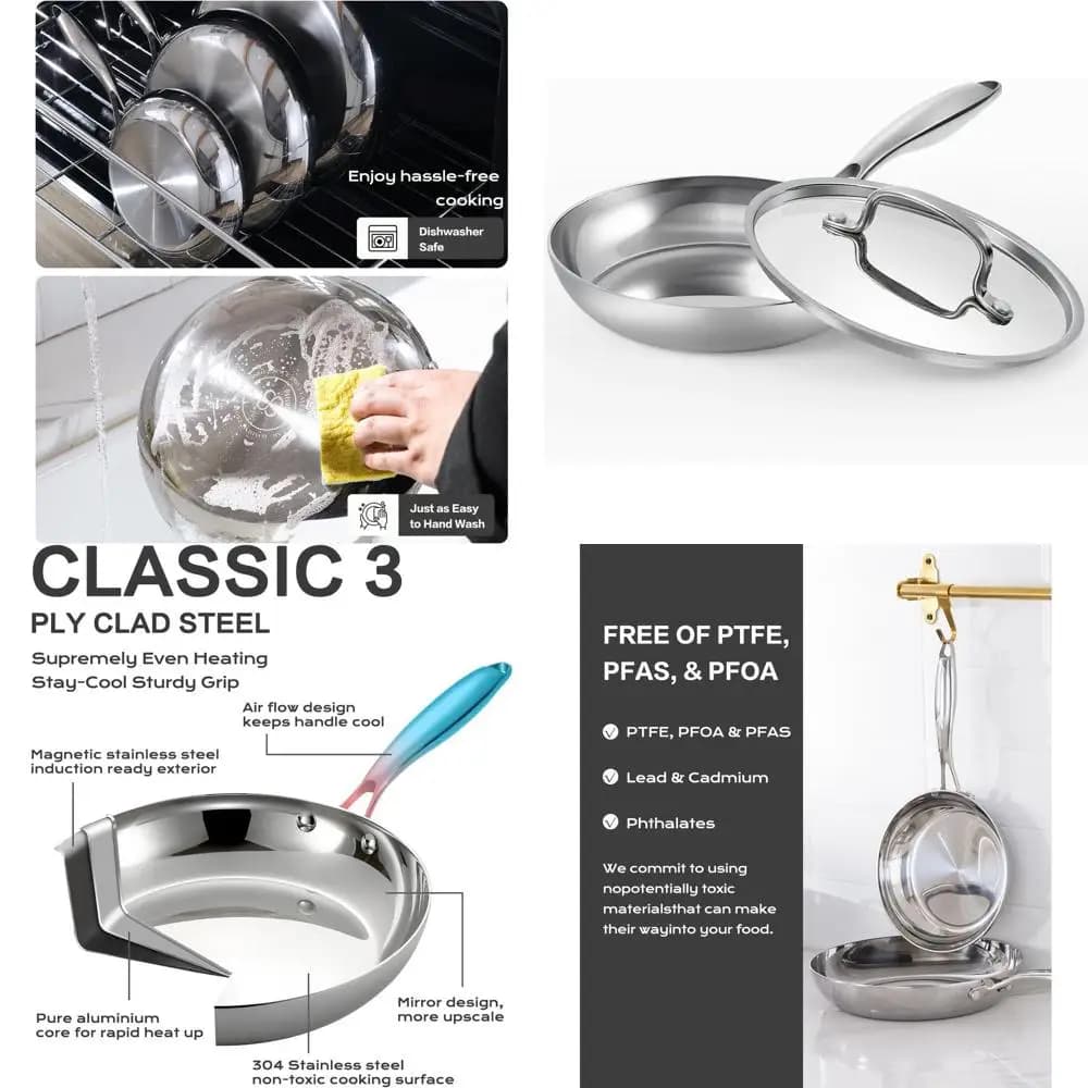 8 inch stainless steel pan with lid, non-toxic, induction compatible, pots suitable for oven and dishwasher