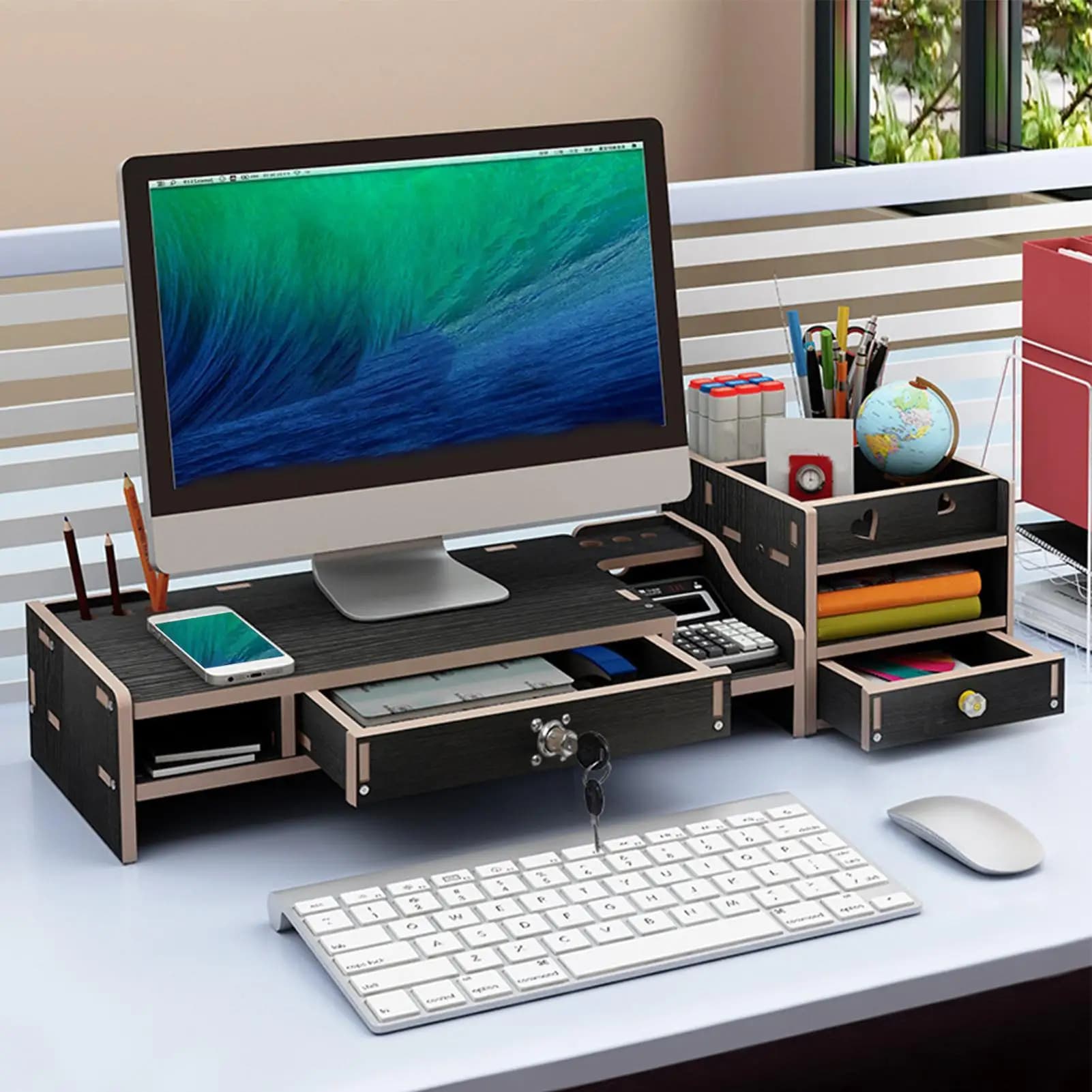 Monitor Riser Scaffale per organizer da tavolo in legno con cassetto Organizzatore per scaffale da scrivania per stampante portatile PC Penna per schermo TV Dormitorio domestico