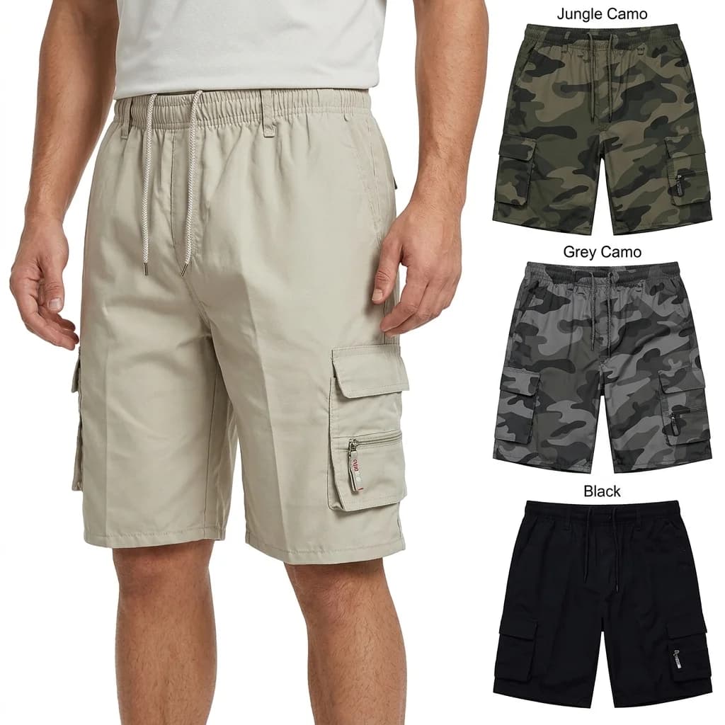 Men's Elastic Waist Cargo Shorts Techwear Buckle Pockets Casual Streetwear Utility Drawstring