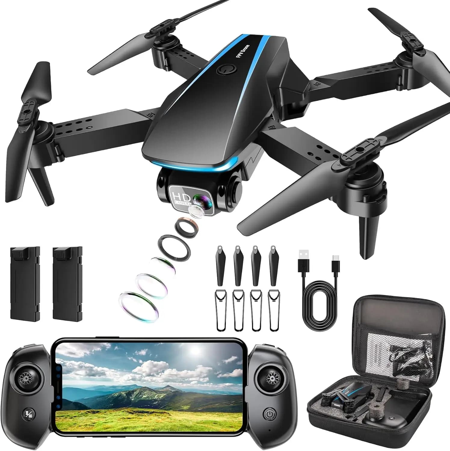 HD 1080P Foldable Drone with Adult Camera, 2 Batteries, Carrying Case, Stable Flight and Precise Trajectory