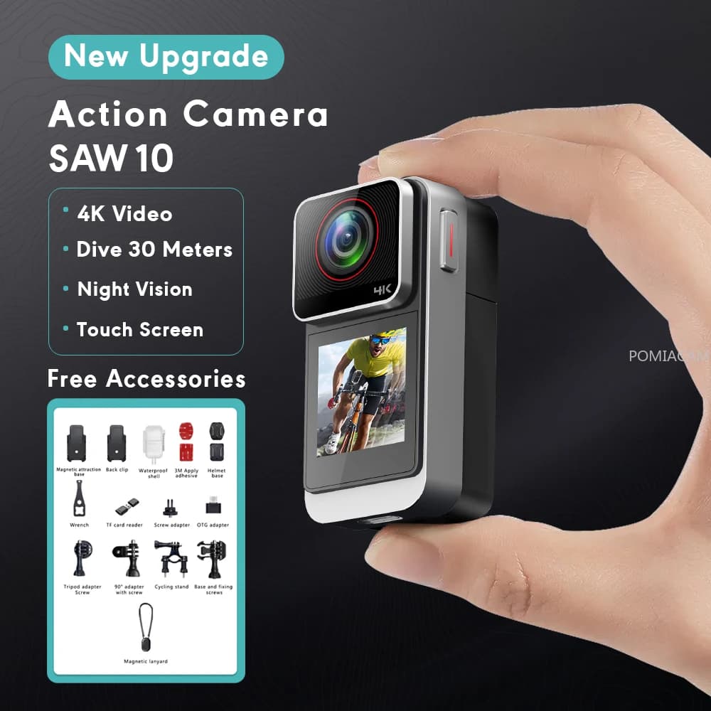 SAW10 4K Action Camera with Double Touch Screen and WiFi 150 ° Mini Sport Camera Waterproof 30M with Wide Angle for Vlog Cycling Travel