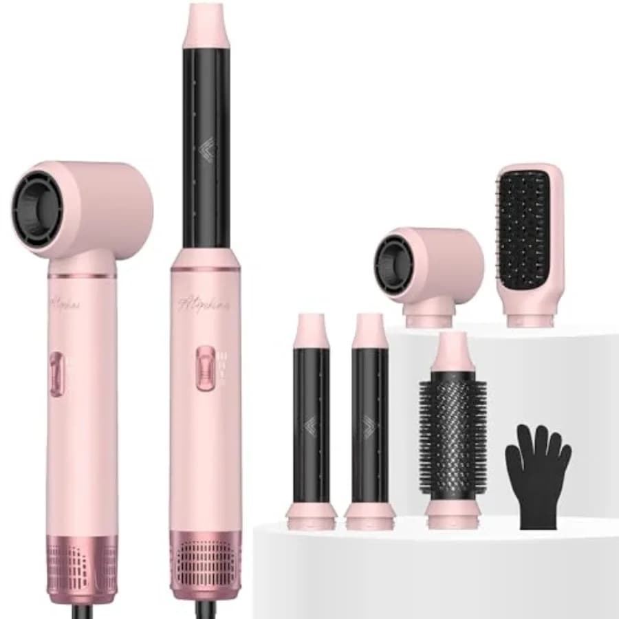 Set di spazzole asciugacapelli 5 in 1 per uso domestico, styler rosa con rivestimento in ceramica, 3 impostazioni di calore, tecnologia ionica per stirare i capelli.