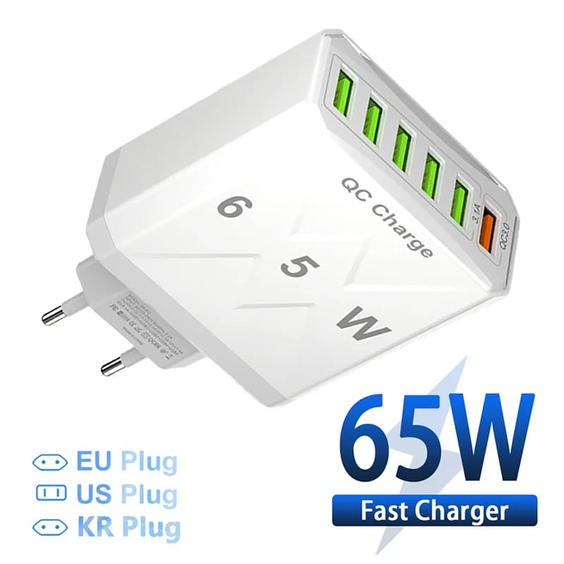 Caricatore USB da 65 W a 6 porte Caricatore da viaggio QC 3.0 a ricarica rapida 6 in 1 per iPhone Samsung Xiaomi Adattatore per tablet telefono EU KR US Plug