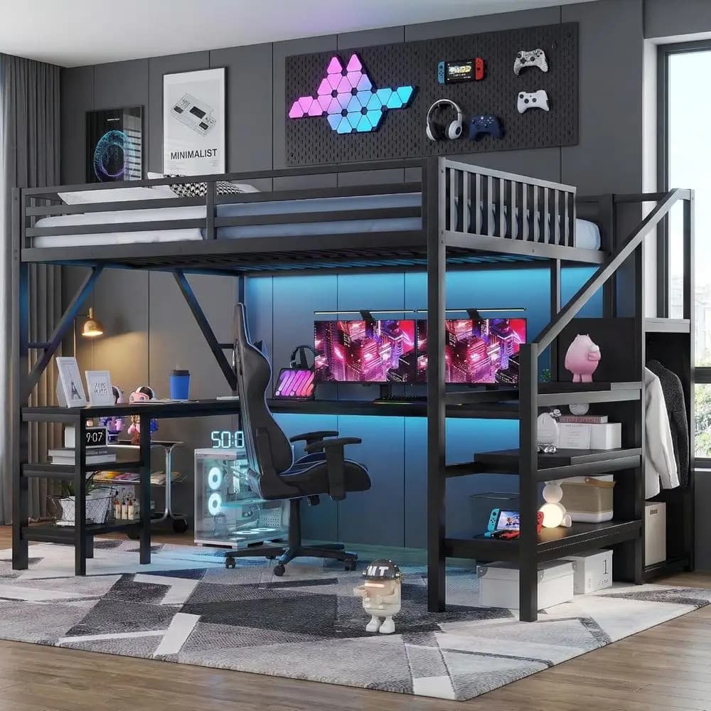 Letto a soppalco matrimoniale con scrivania e scale, letto a soppalco in metallo per gaming con armadio e scaffalature, letto a soppalco alto con LED e ricarica USB