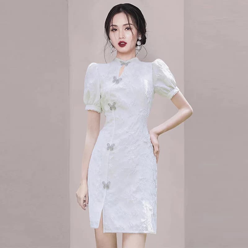 Retro White Women's Dress Vintage Chinese Style Midi Skirt Short Sleeve High Waist Zipper Closure Bubble Sleeve Dress