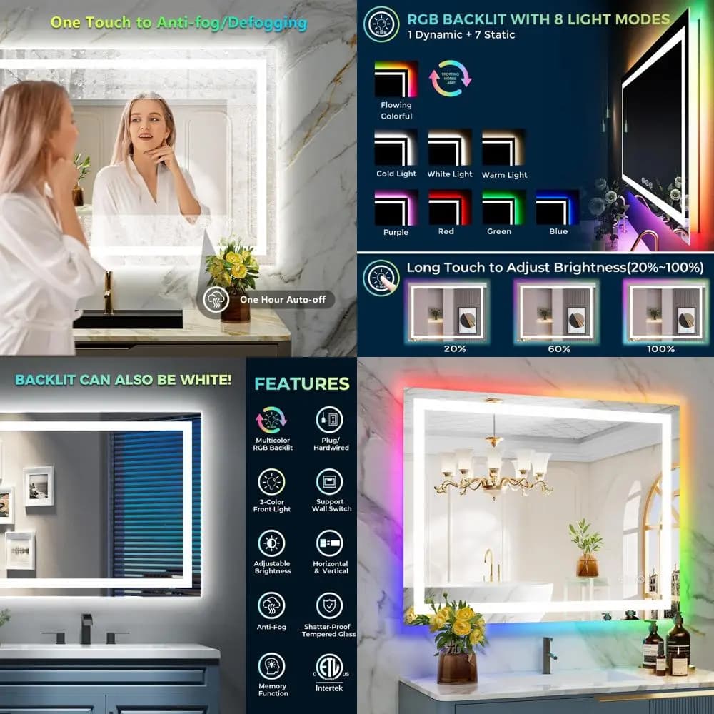 Specchio da bagno a LED dimmerabile con illuminazione frontale e posteriore RGB, antiappannamento, infrangibile, impermeabile per montaggio a parete