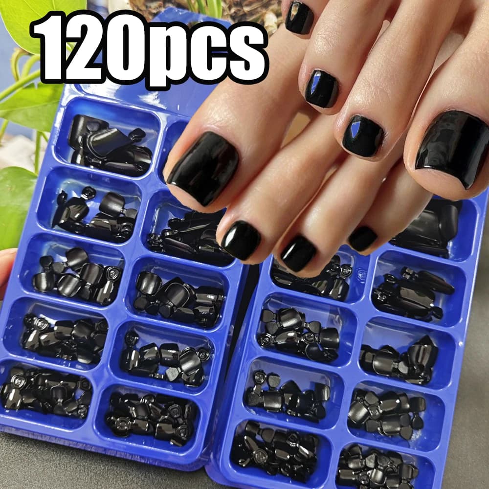 120PCS Halloween Punk Black Short Square Toenails Nail Tip 5-16mm Square Black Glossy Press on Toenails Full-Cover Fake Toe Tips