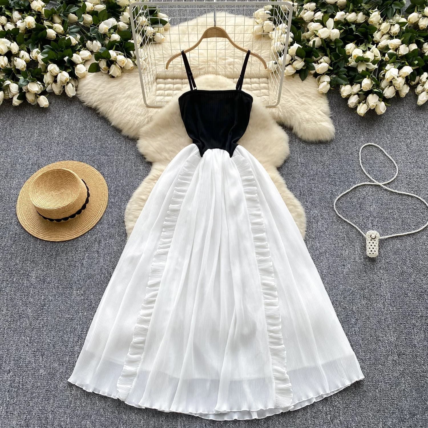 Retro Color Block Strapless Midi Dress Women's Slimming Skirt Style Korean Style Spring Summer Autumn A-Line Dress
