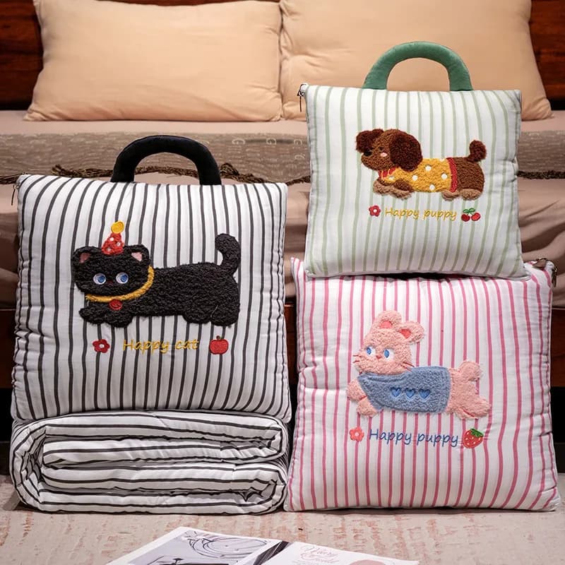 Cartoon Striped Pillow Blanket 2-in-1 Air Conditioner Quilt for Car Soft Breathable Multi-Use Nap Blanket Women Gift
