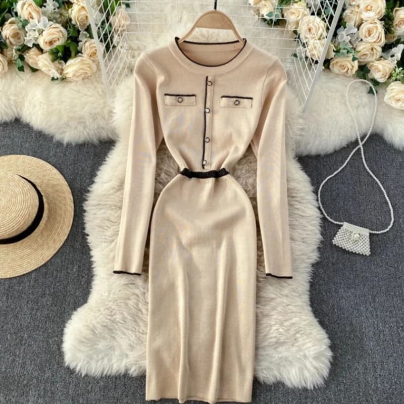 Women Elastic Knitted Dress Round Neck Contrast Edge Cuff Front Button Fake Pocket Belted Waist Elegant Long Sleeve Pencil Dress
