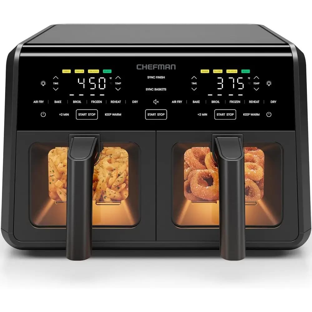 9 Qt. Forno friggitrice ad aria a doppio cestello con motore DC, fino a 450 gradi ° Cuocere, infornare, grigliare, disidratare, riscaldare e preparare pollo, patatine fritte e altro ancora