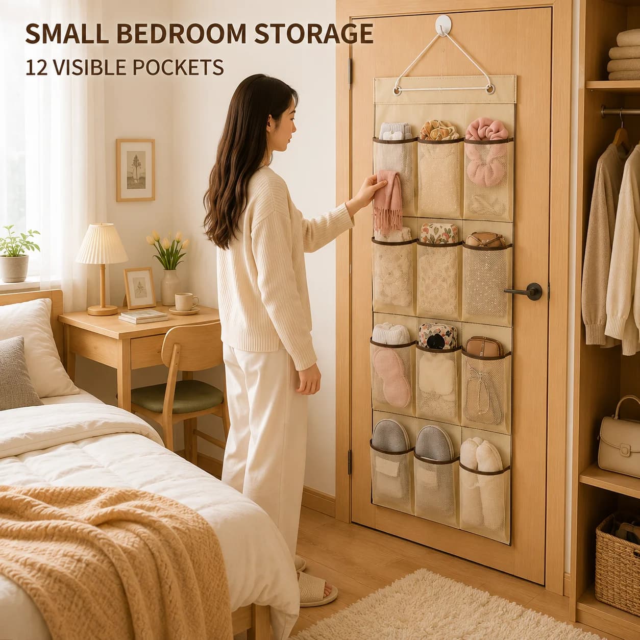Small Apartment Bedroom Hanging Organizer, 12 Pocket Beige Mesh Storage Bag for Slippers Socks Accessories, Closet Space Saver