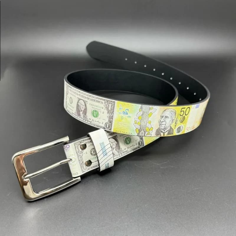 Y2K Belt Dollar Money Print Waist Belt Retro US Dollar Euro Bank Note Pattern PU Leather Adjustable Pin Buckle Belt for Pants