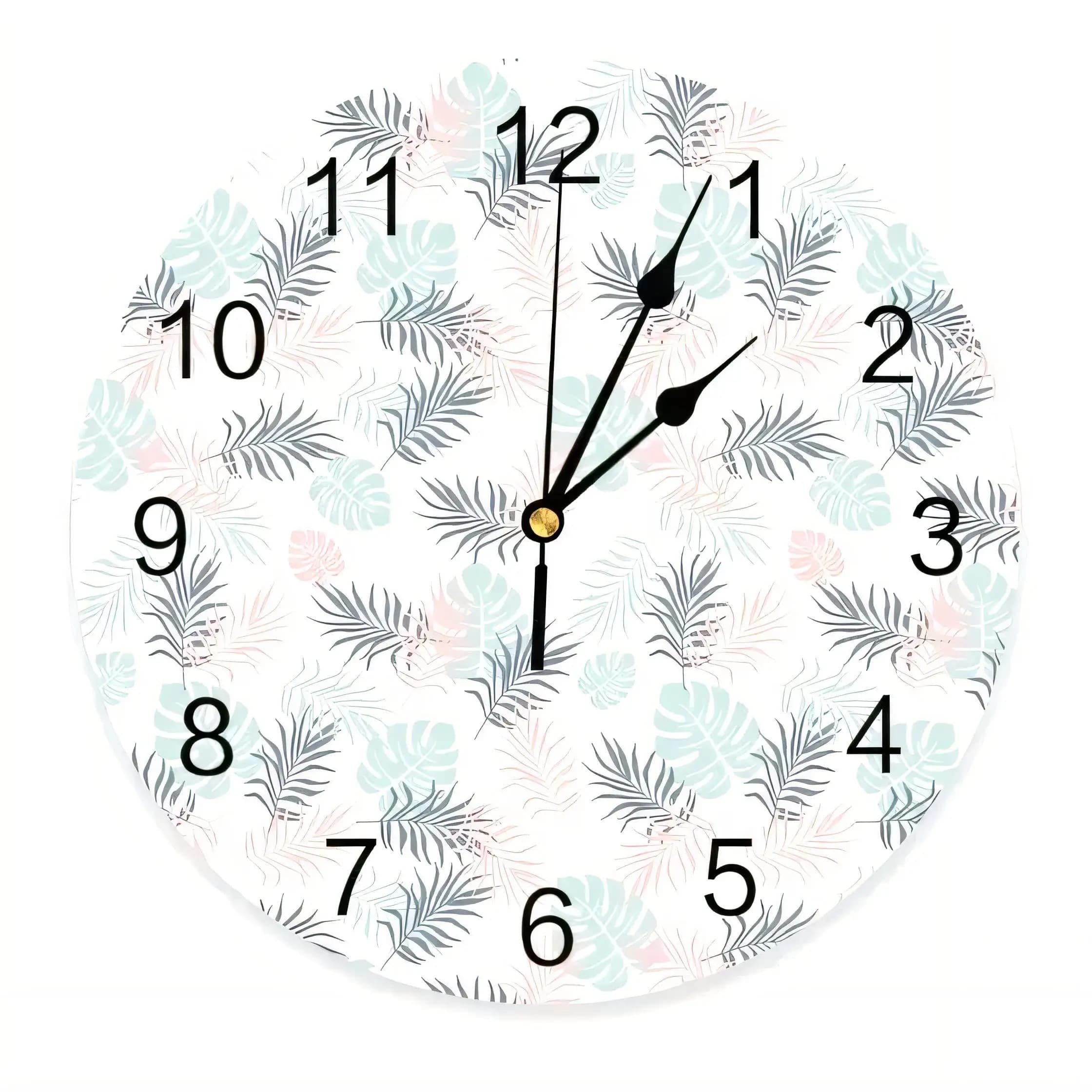 Modern Round Wall Clock Tropical Leaves Botanical Decor Silent Non Ticking Battery Operated for Home Bathroom Kitchen Living Ro