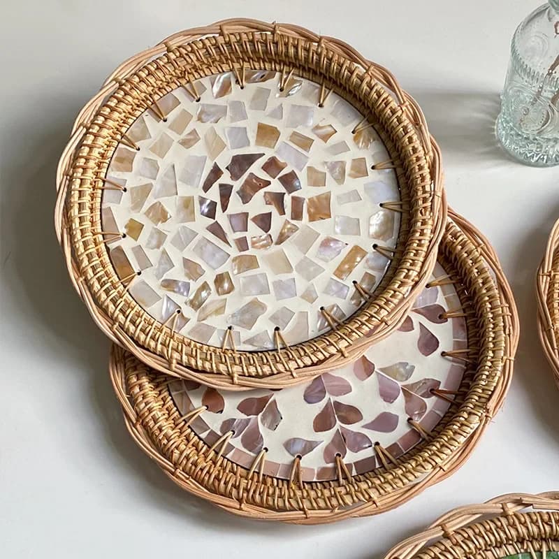 Vassoio rotondo in rattan fatto a mano Torta per la casa Pane Cestino per la colazione Snack Piatto di frutta secca Decorazione della casa Ornamenti